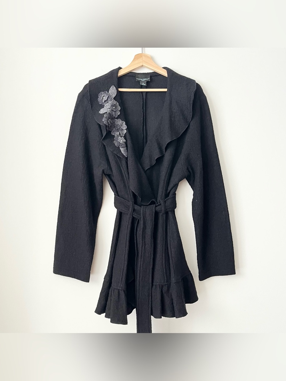 Cynthia Rowley Women's 100% Wool Jacket 2X Black Belted Ruffles Floral Applique